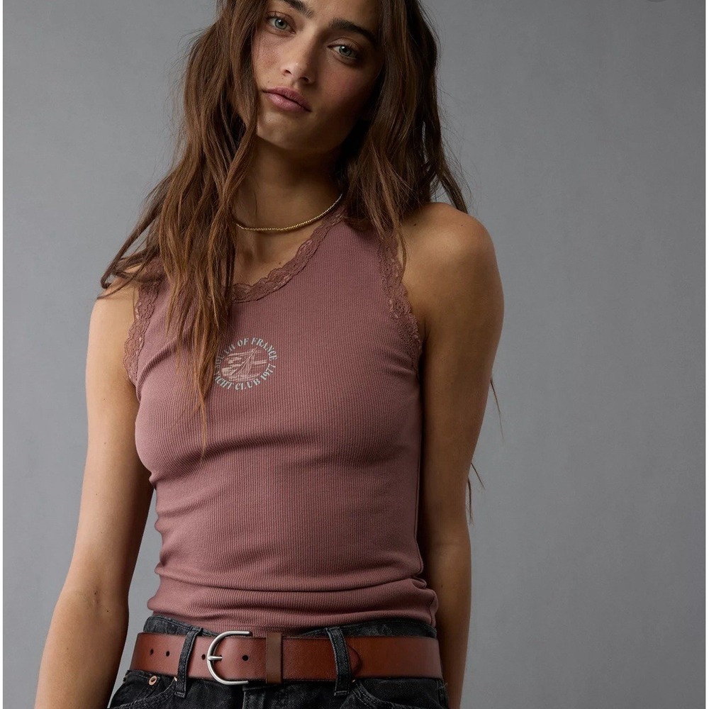 American Eagle AE Tank Top Sm Brown Ribbed Lace Stretch‎ Cami Y2K Graphic Layer